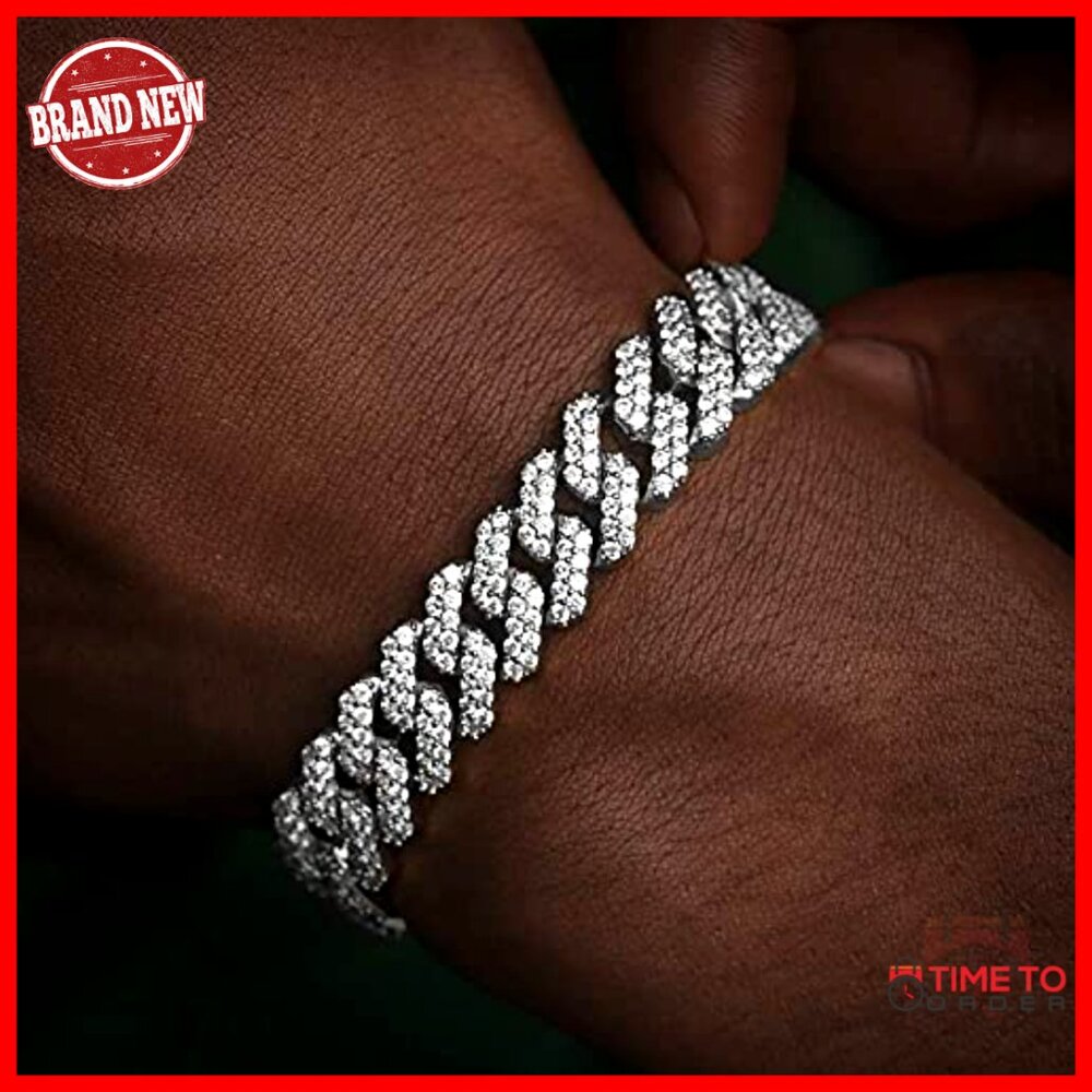 12mm Gold Plated Cuban Link Chain Bracelet with Prong-Setting Diamonds - Picture 3 of 7
